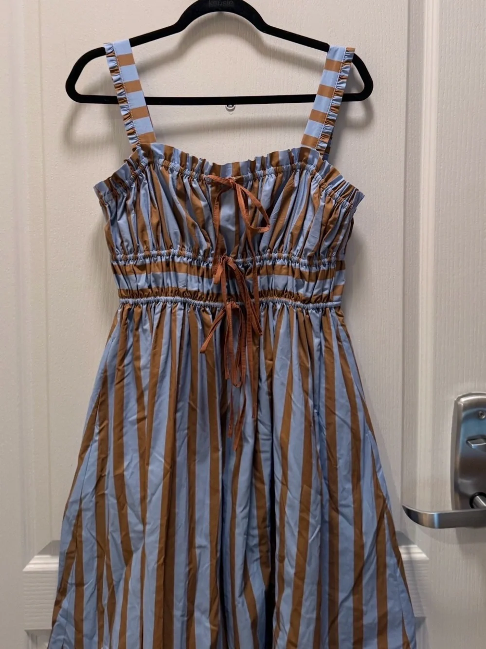 Arose Studio Seraphina Blue & Brown Striped Midi Dress Summer Size S NWOT - Picture 3 of 5